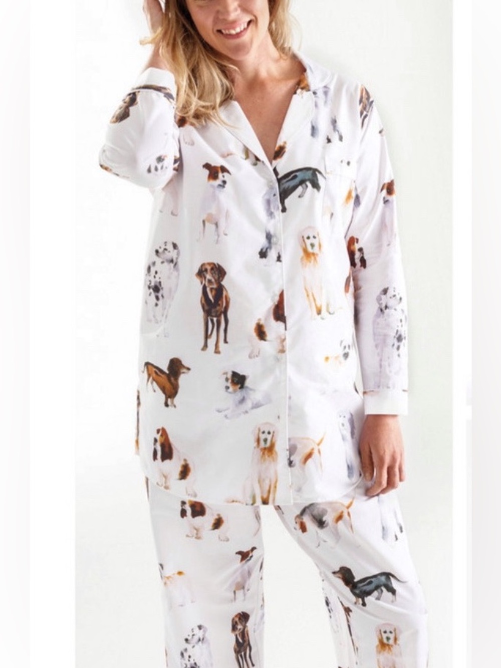 Pine Cone Hill Woof Pajama Set Women's Small White 100% Cotton Button Up